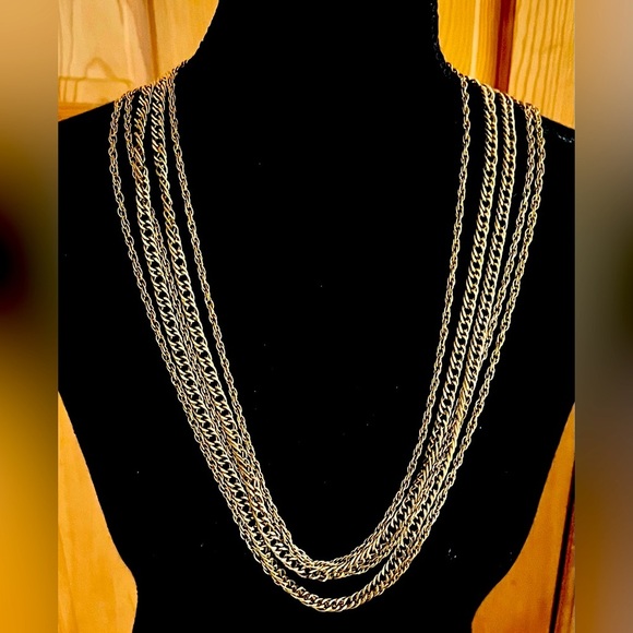 Trifari Gold Five Multi-Layer Necklace Signed 1950’s 1960’s Chain Retro VTG Gift - Picture 1 of 11
